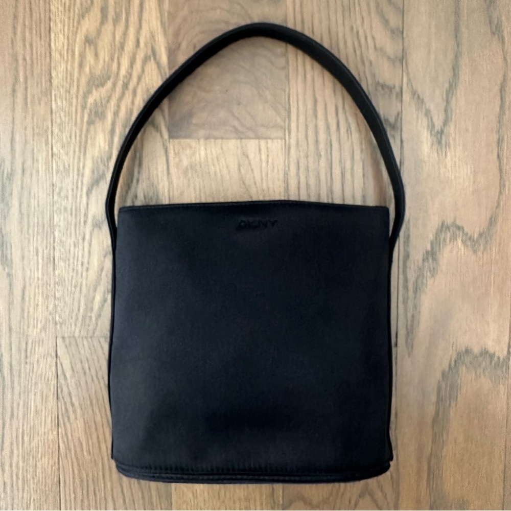 Vintage DKNY Small Satin Snap Top Mini Evening Shoulder Bag in Black Satin